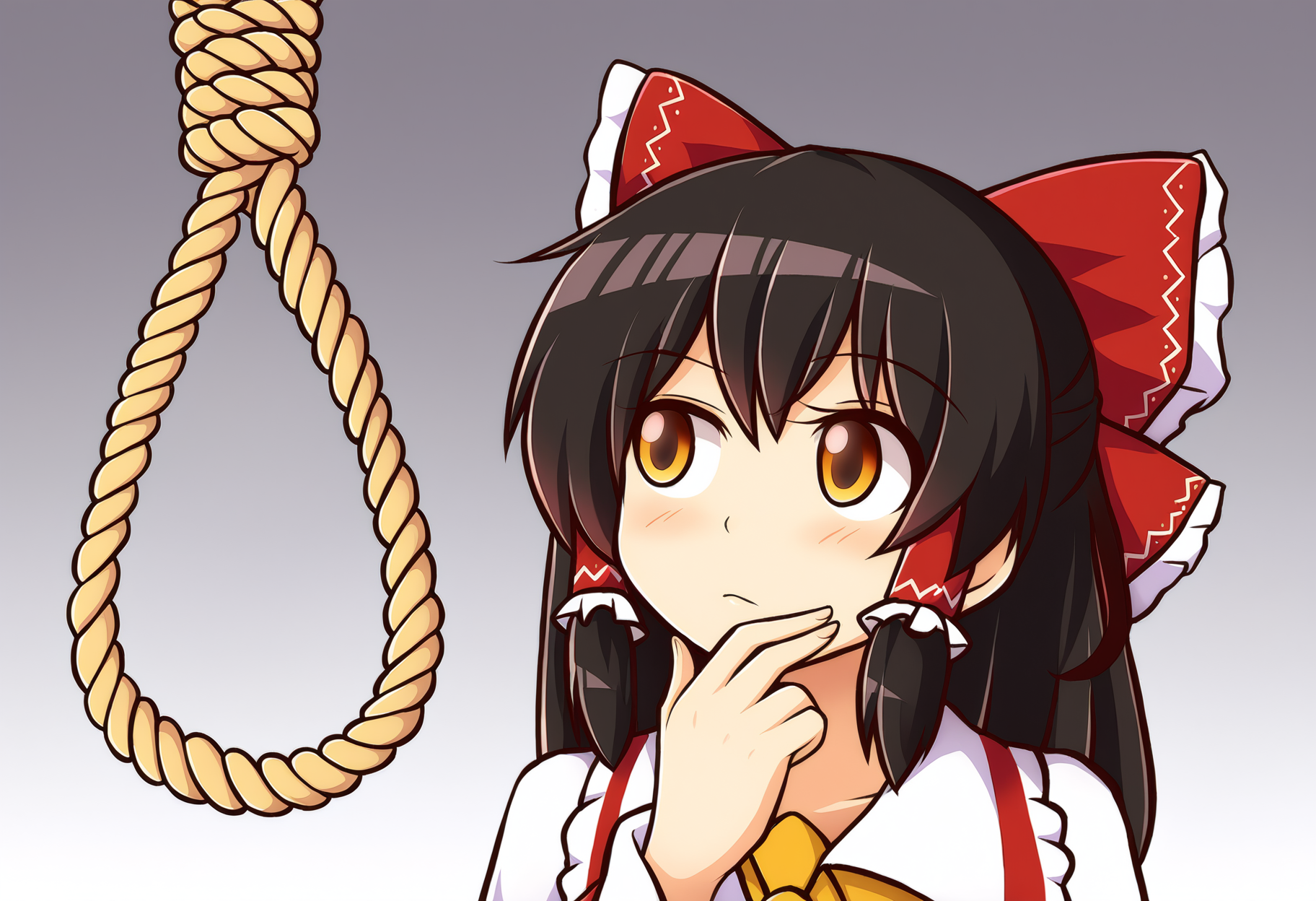 score_9, uncensored, source_anime
BREAK
hakurei reimu, 1girl, solo, bow, upper body, hair bow, grey background, gradient background, rope, hand on own chin, noose, black hair, long hair, detached sleeves, hair tubes
<lora:awoo_pony_v1:1>