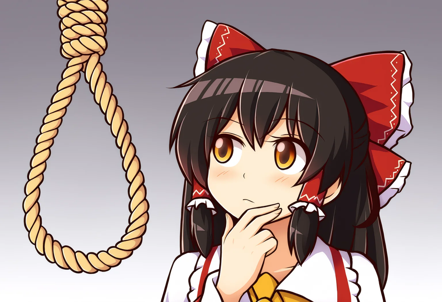 score_9, uncensored, source_anime
BREAK
hakurei reimu, 1girl, solo, bow, upper body, hair bow, grey background, gradient background, rope, hand on own chin, noose, black hair, long hair, detached sleeves, hair tubes
<lora:awoo_pony_v1:1>