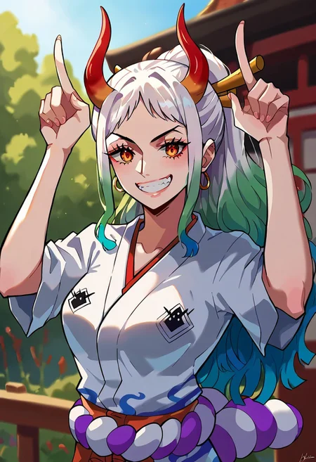 score_9, score_8_up, score_7_up, source_anime, 1girl, solo, medium breasts, outside, shrine, cowboy shot, h0rn pose, yamato \(one piece\), long hair,multiclored hair,oni,horn, happy, grin, looking at viewer, highly detailed facial features, cinematic lighting, upper body