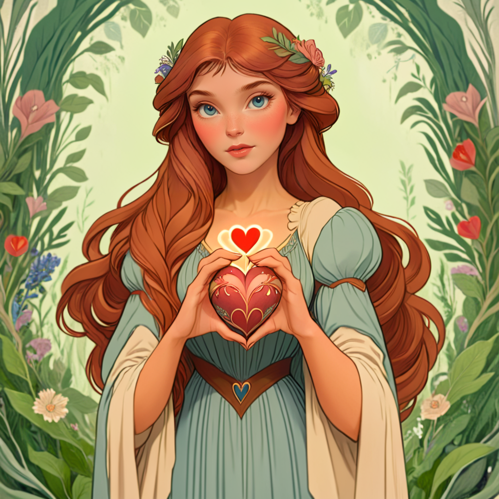 <lora:Disney_NouveauSDXL:1> ArsMJStyle, Disney Nouveau, The image shows a woman with long red hair holding a heart in her hands surrounded by plants and flowers. She appears to be a princess with a regal and majestic look on her face., 1girl, solo, long hair, brown hair, flower, blue eyes, looking at viewer, dress, magic, lips
