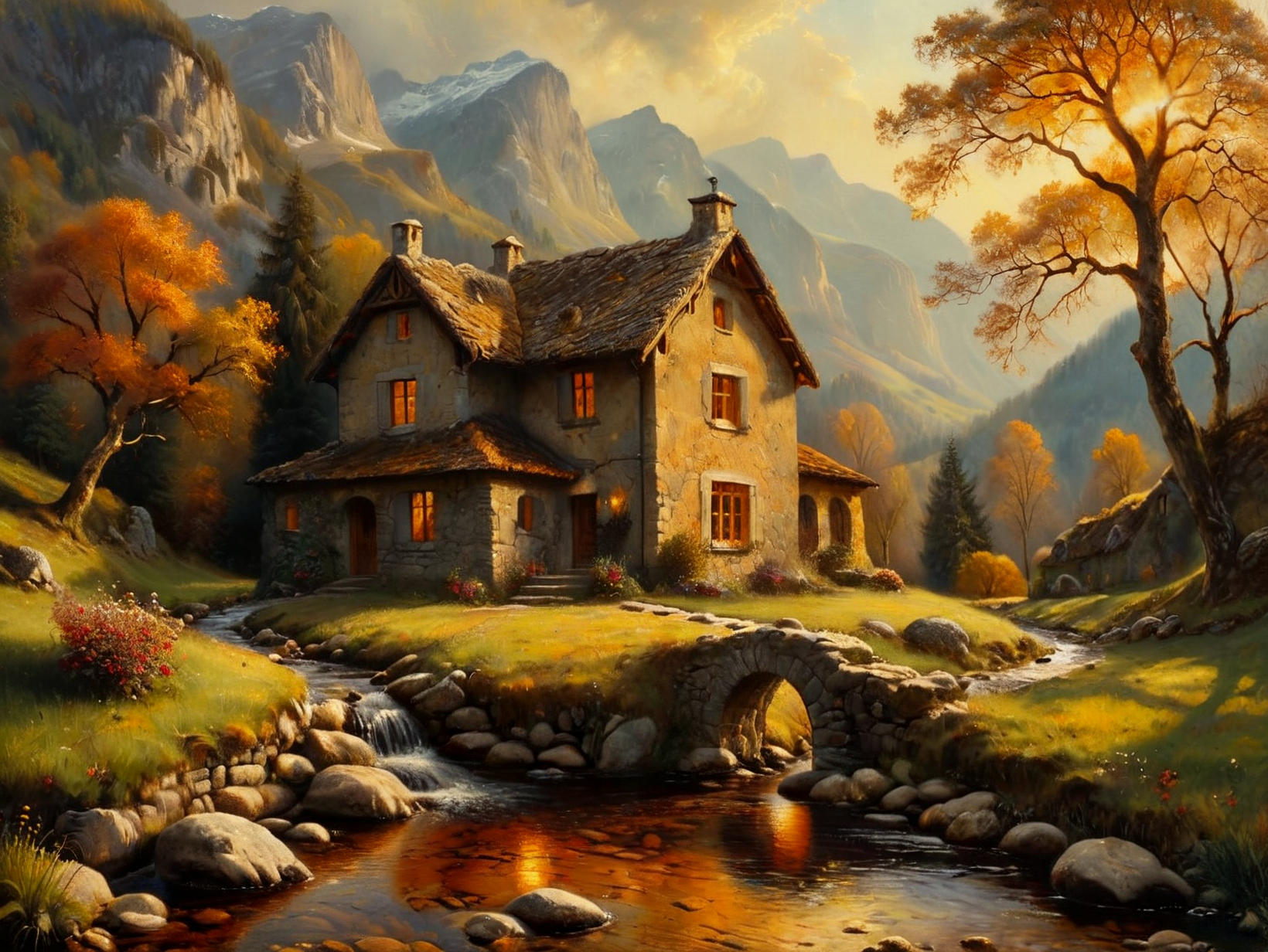 A masterpiece of perfection, 8k, detailed,

Painting using oil paints, backlit, ruleofthirds.

Warm tones. Warm hues.

A stone house in a sunlit valley, surrounded by forest. A gentle stream meanders into the distance. Peaceful serenity.

(Watercolor dreaminess) 

soft watercolour, selective colour,

antique, intricate, detailed. elegant, decorative, nature-inspired, ornate, detailed, often on canvas, known for rich colors and flexible texture.

<lora:Old_Style_SDXL:0.2>
<lora:The_Dark_Side_of_the_Earth:0.6>
<lora:WowifierXL-V2:0.5>
<lora:MJ52:0.5>
<lora:ClassipeintXL2.1:0.5> oil painting
