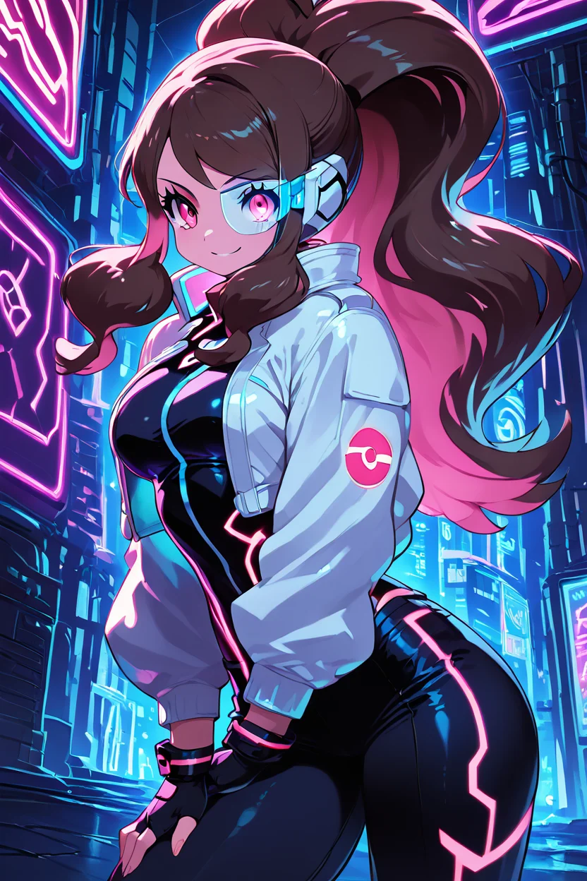 score_9, score_8_up, score_8, medium breasts, (curvy), cute, eyelashes, ,,, , zzHildaLuxCitron, pink eyes, brown hair, high ponytail, long hair, multicolored hair, pink hair, ponytail, sidelocks, white jacket, long sleeves, shiny, pants, black gloves, cyberpunk, scouter, <lora:HildaLuxVoltPDXL:1>, , BREAK, smile, looking at viewer, cowboy shot, ,,, embedding:zPDXL, Expressiveh, ,,, <lora:Zankuro_Style_PDXL:0.8> <lora:SDXLFaeTastic2400:0.5>, <lora:Expressive_H-000001:0.4>,