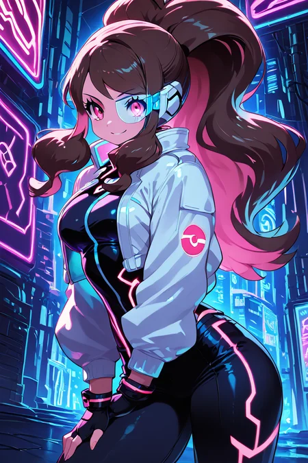 score_9, score_8_up, score_8, medium breasts, (curvy), cute, eyelashes, ,,, , zzHildaLuxCitron, pink eyes, brown hair, high ponytail, long hair, multicolored hair, pink hair, ponytail, sidelocks, white jacket, long sleeves, shiny, pants, black gloves, cyberpunk, scouter, <lora:HildaLuxVoltPDXL:1>, , BREAK, smile, looking at viewer, cowboy shot, ,,, embedding:zPDXL, Expressiveh, ,,, <lora:Zankuro_Style_PDXL:0.8> <lora:SDXLFaeTastic2400:0.5>, <lora:Expressive_H-000001:0.4>,