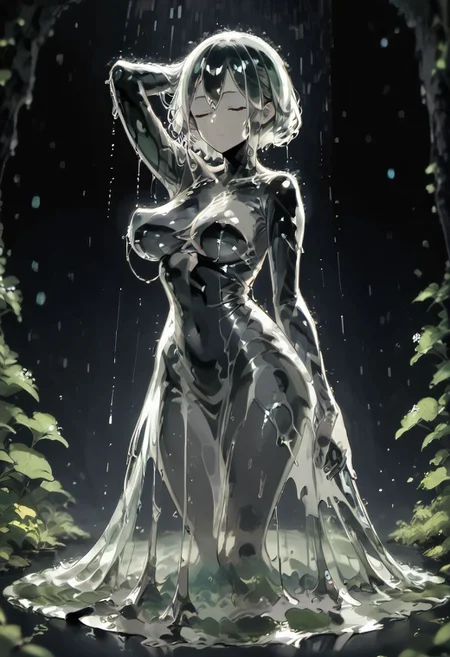 score_9, score_8_up, score_7_up, score_6_up, source_anime, slime girl, swooping breasts, full body, gl4sst3r, glass, dress, see-through, closed eyes, dark cave, waterfall, splashing, wet, dripping, cinematic lighting, zPDXL