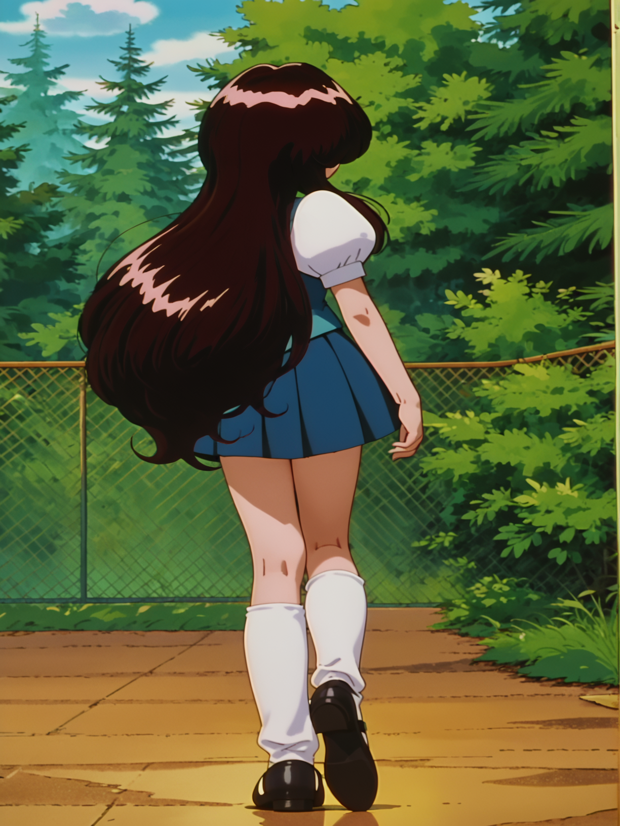 score_9, score_8_up, score_7_up, 1girl, solo, source_anime, anime_screencap, pkmGiselle, long hair, very long hair, big hair, puffy sleeves, short sleeves, mary janes, shoes, socks, <lora:pkmGiselle:1> from behind, outside,