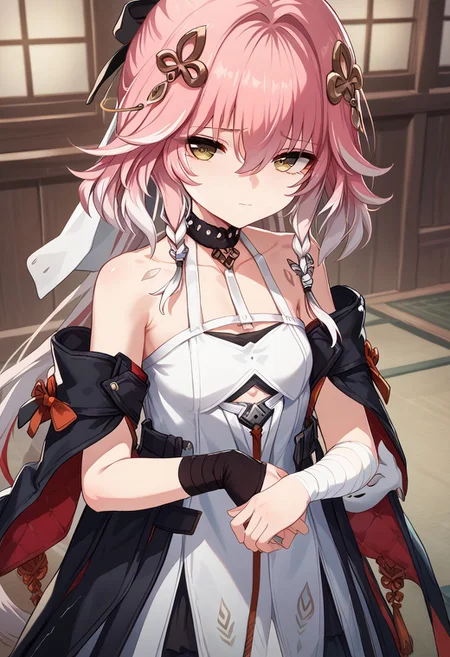 score_9_up, score_8_up, score_7_up, extreamly detailed, beautiful detailed face, complex detailed background, 1girl, BREAK, 
CHANG LI, CHANG LI CHILDHOOD, looking at viewer, bangs, dress, holding, hair between eyes, brown eyes, closed mouth, pink hair, white hair, multicolored hair, sleeveless, choker, bandages, aged down, sad