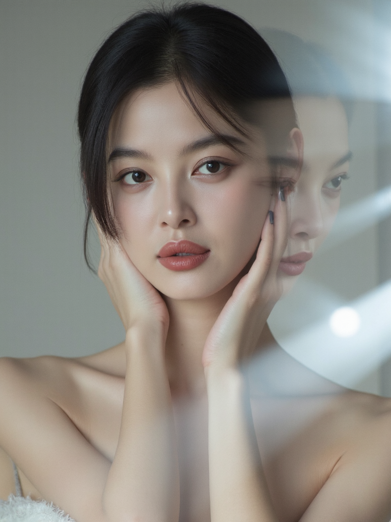 There are wonderful studio lights and various reflections,her thin face is very delicate,
18yo beautiful cute girl with blushing and female orgasm.skin naturally showing the texture of blood vessels and detailed pale skin,looking at viewer,
cowboy shot,(full body:0.7),--,
--,<lora:Xin_Zhilei_f1_rank2_bf16:1>,she is Xin Zhilei,
--, A striking portrait shot with an ultraâwide 14Â mm lens from a low angle, the model in a flowing silk dress filling the frame as the edges warp dramatically around her â multiple exposure overlays capture her subtle head turns in one frame, set against a softly lit neutral backdrop to keep all attention on her dynamic presence.