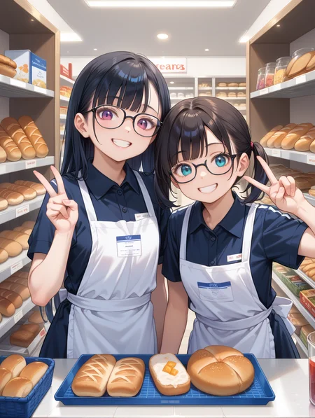 1girl,, score_9, score_8_up, score_7_up,
masterpiece, best quality,
2girls, glasses, vfu, employee uniform, black hair, black dress, short sleeves, collared dress, white apron, upper body, blue triangular bandage, hand up, v, double v, happy, smile, looking at viewer, shelf, food, bread, basket, shop, indoors,