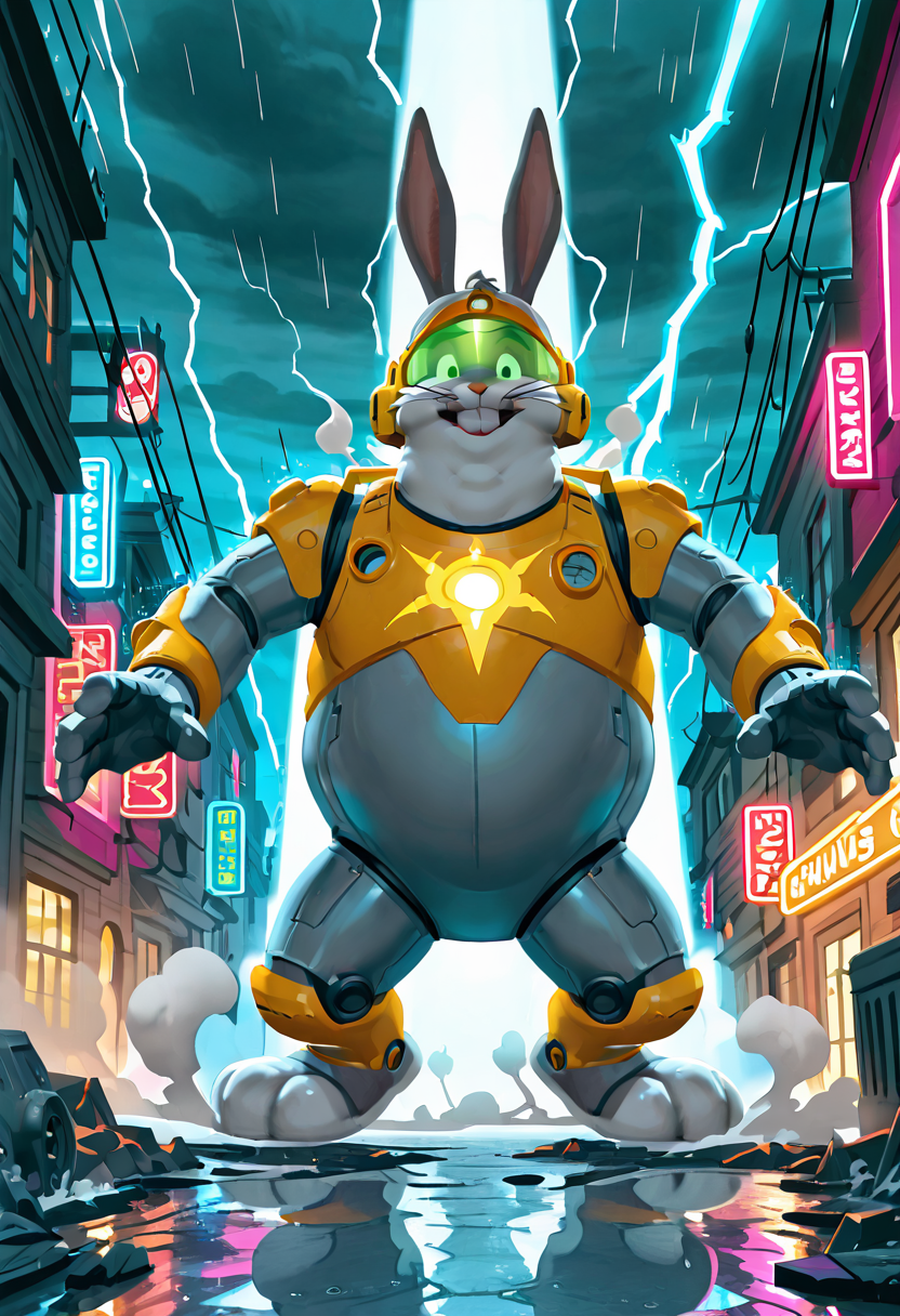 masterpiece, best quality, no humans,   zzBigChungus, looking at viewer, dynamic pose,   steel mech suit, visor, rocket boosters, laser cannon, futuristic city, neon lights, rain, smoke, rubble, dynamic pose, low angle, cinematic lighting â In a rain-drenched cyber-metropolis, Big Chungus lands with a thunderous crash, rocket boosters hissing steam. His visor gleams neon blue as he raises a laser cannon brimming with pulsating energy, his armored mech suit reflecting bursts of lightning across shattered glass and burning streets.  ,<lora:BigChungusIXL:1.0>,