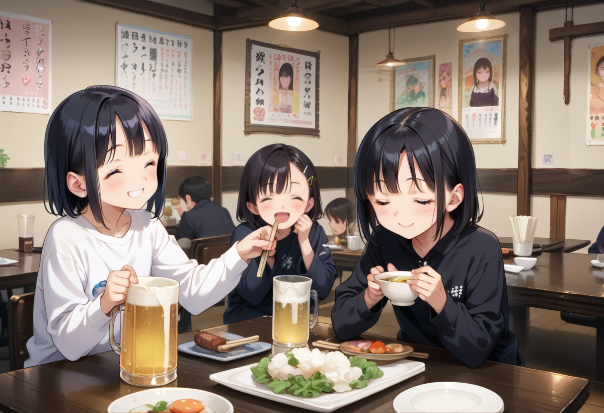 score_9, score_8_up, score_7_up, rating_safe, masterpiece, best quality, absurdres, unity 8k wallpaper, official art, official style, source_anime, game cg, megami magazine,
murayakuba, izakaya, black hair, multiple girls, shirt, cup, holding, beer mug, black shirt, chopsticks, bowl, closed eyes, indoors, table, food, short hair, sitting, smile, white shirt, jacket, long sleeves, poster (object)
 <lora:murayakuba_pony_V1:1>