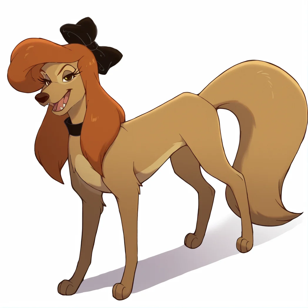 score_9, score_8_up, score_7_up, score_6_up, score_5_up, score_4_up, <lora:Dixie:1>, dixiedog, solo, long hair, looking at viewer, open mouth, simple background, white background, bow, standing, full body, hair bow, fang, collar, from side, looking to the side, no humans, fangs, flat color, dog, body fur, brown fur, animal, black bow, choker, orange hair
