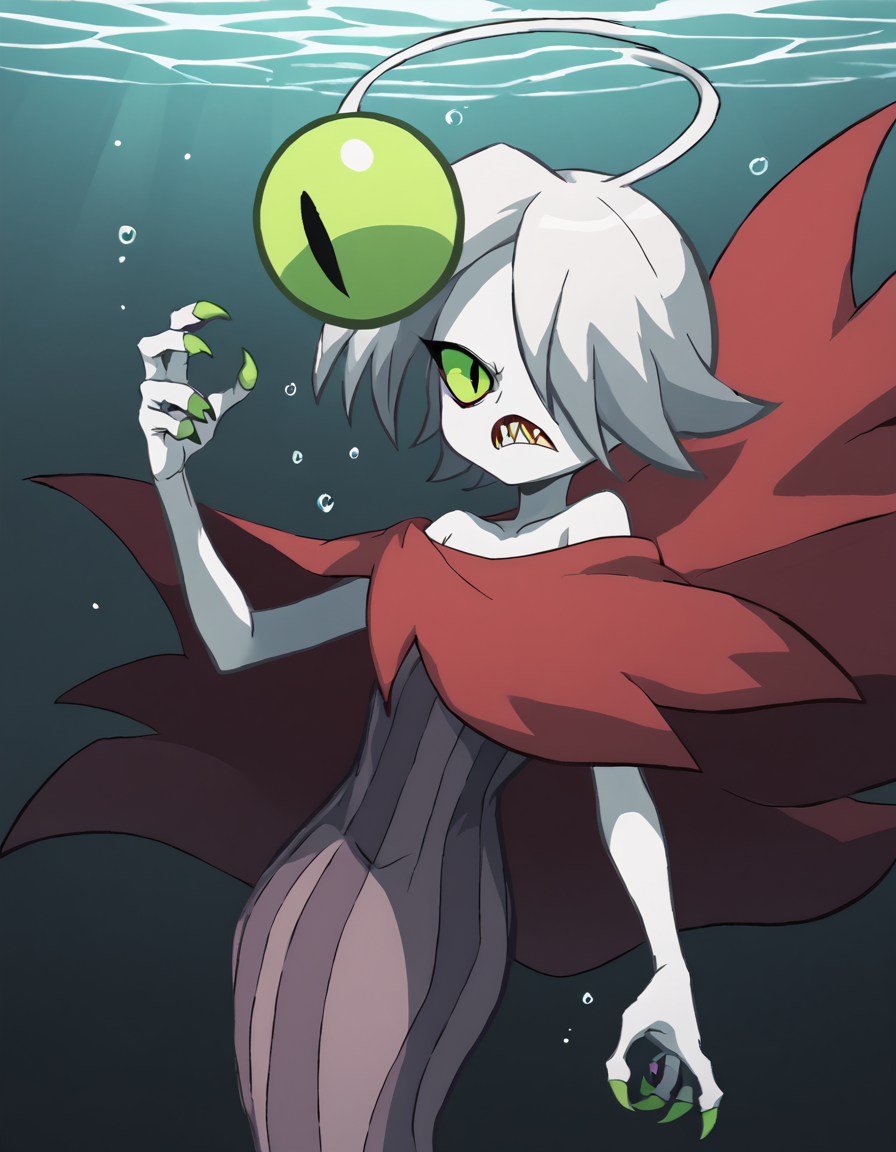 , score_9, score_8_up, score_7_up, score_6_up, score_5_up, score_4_up,underwater,  cowboy shot, <lora:AnglerSirenShantaePony:1> angler siren, solo, green eyes, hair over one eye, eyestalk, white hair, off shoulder, dress, white skin, teeth, ahoge, claws, sharp teeth, short hair, 1girl, red cape, looking at viewer