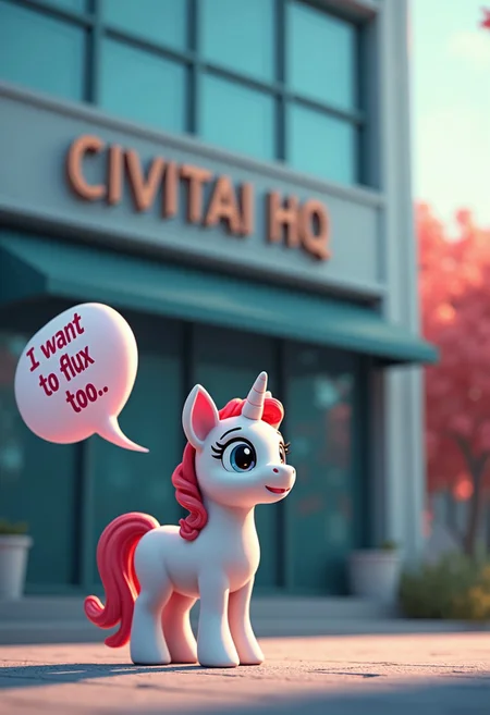 A photorealistic building with a sign that says "CIVITAI HQ", a photorealistic pony standing in front of the building, speach bubble coming out of pony saying "I want to flux too", masterpiece, best qualitym 8k, high res,