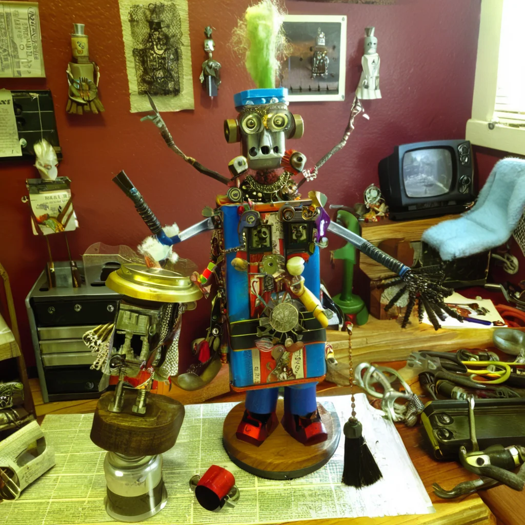 recyclforge shaman in room<lora:recyclforge:1>