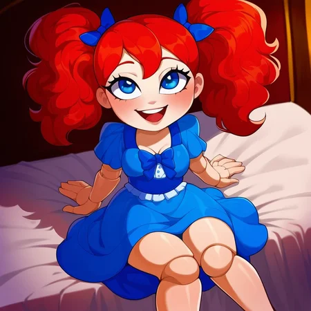 poppy (poppy playtime) , blue eyes , blue dress , red hair , doll joints, 1girl, solo, short, front view, medium breasts, 
sitting on bed, half closed eyes, open mouth, smiling, day, short, tiny, 
score_9, score_8_up, score_7_up, score_6_up, (rating_explicit), source_anime, (2d, 2D artwork), (nsfw),   
  <lora:playtime:1>