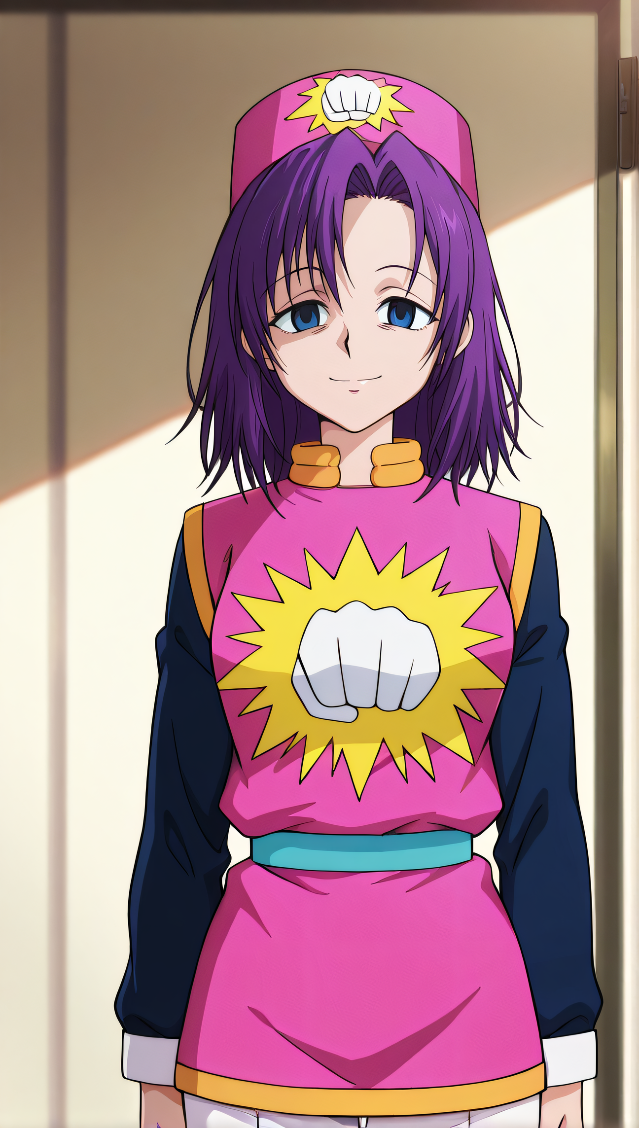 masterpiece, best quality, highres, newest, 1girl, solo, official style, anime screncap, <lora:Heavens_Arena_Employees:1>, hxhclerk, dark circles, shaded eyes, purple hair, blue eyes, medium hair, pink uniform, raglan sleeves, white pants, looking at viewer, smile, indoor, cowboy shot