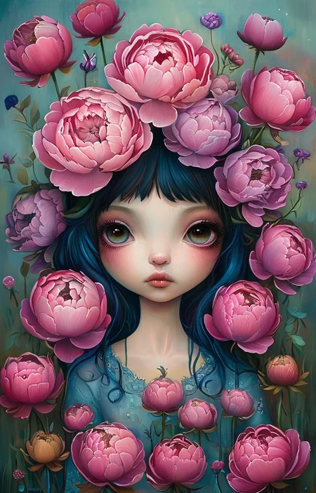 masterpiece,best quality,<lora:tbh158-sdxl:1>,illustration,style of Jeremiah Ketner, decaying peonies