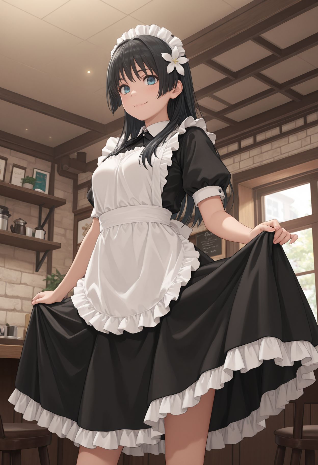 masterpiece,amazing quality,best quality,ultra-detailed,indoors,cafe,(maid:1.4),maid headdress,apron,(skirt hold:1.2),standing,cowboy shot,smile,
 <lora:Saten Ruiko illu:1> 1girl, long hair, black hair, hair ornament, hair flower, blue eyes,