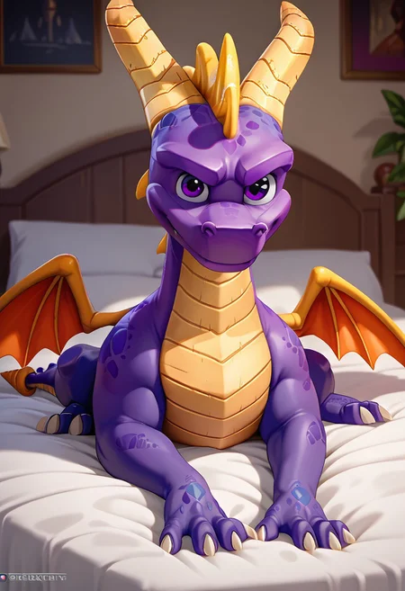 score_9, score_8_up, score_7_up, score_6_up, score_5_up, score_4_up, solo, rating_safe, source_furry, 1boy, bedroom, smile, full body, laying,
,
solo, dragon, horns, purple eyes, wings, claws
,
by_dreiker