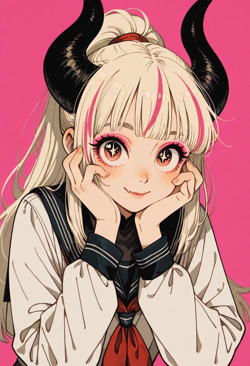 masterpiece, best quality, good quality, very awa, very aesthetic, absurdres, newest, 1girl, solo, long hair, looking at viewer, smile, simple background, shirt, hair, long sleeves, closed mouth, school uniform, white shirt, upper body, eyes, ponytail, multicolored hair, horns, serafuku, fang, blunt bangs, sailor collar, streaked hair, fingernails, hands up, neckerchief, symbol-shaped pupils, eyelashes, lips, makeup, animal horns, portrait, sailor collar, background, neckerchief, eyeshadow, head rest, star-shaped pupils, black horns, hands on own face, fang out, hands on own cheeks, long eyelashes, pink eyeshadow, vfaix,retro_artstyle, retro <lora:illustriousXL_stabilizer_v1.23:0.3> <lora:NOOB_vp1_detailer_by_volnovik_v1:0.3> <lora:ponyv6_noobE11_2_adamW-000017:0.3> <lora:retro_scifi_artstyle_illustriousXL-000021:0.5> <lora:veluflora-wai:0.75>