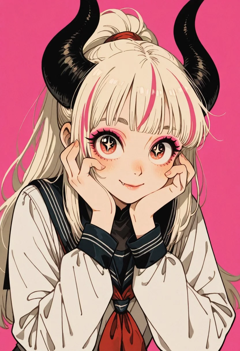 masterpiece, best quality, good quality, very awa, very aesthetic, absurdres, newest, 1girl, solo, long hair, looking at viewer, smile, simple background, shirt, hair, long sleeves, closed mouth, school uniform, white shirt, upper body, eyes, ponytail, multicolored hair, horns, serafuku, fang, blunt bangs, sailor collar, streaked hair, fingernails, hands up, neckerchief, symbol-shaped pupils, eyelashes, lips, makeup, animal horns, portrait, sailor collar, background, neckerchief, eyeshadow, head rest, star-shaped pupils, black horns, hands on own face, fang out, hands on own cheeks, long eyelashes, pink eyeshadow, vfaix,retro_artstyle, retro <lora:illustriousXL_stabilizer_v1.23:0.3> <lora:NOOB_vp1_detailer_by_volnovik_v1:0.3> <lora:ponyv6_noobE11_2_adamW-000017:0.3> <lora:retro_scifi_artstyle_illustriousXL-000021:0.5> <lora:veluflora-wai:0.75>