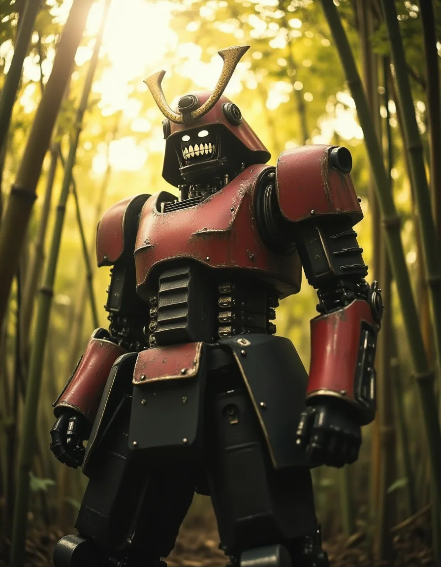 A towering mecha samurai, clad in crimson and black armor, stands motionless in a bamboo forest. Shafts of golden light pierce the canopy, casting streaks of brilliance across the metallic plates of its body. The mechaâs helmet opens with a mechanical hiss, revealing a faceplate adorned with ral-rbotth, perfectly white and human-like, yet unnervingly out of place on the battle-worn machine. A gust of wind rustles the bamboo as the glint of the teeth catches the light, creating an ominous stillness.
<lora:ral-rbotth-flux_000003000:1>