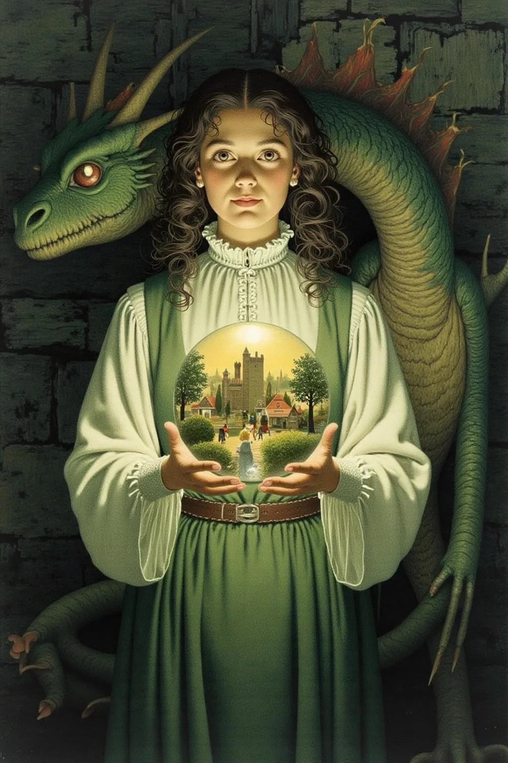 jeanleonhuens1 illustration.
jole1.
A young woman with curly, dark hair, dressed in medieval-inspired attire, including a white, long-sleeved blouse and a green, knee-length skirt. She holds a large, clear glass orb in her hands, revealing a miniature, detailed scene inside. The scene inside the orb depicts a medieval town with a castle, houses, and trees, bathed in a warm, golden light. There is a dragon with green and brown scales standing behind her. <lora:jeanleonhuens1_ap_d6a3e12:1.0><lora:844821171213030056:0>
