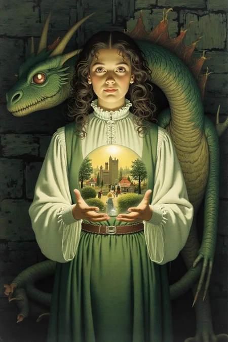 jeanleonhuens1 illustration.
jole1.
A young woman with curly, dark hair, dressed in medieval-inspired attire, including a white, long-sleeved blouse and a green, knee-length skirt. She holds a large, clear glass orb in her hands, revealing a miniature, detailed scene inside. The scene inside the orb depicts a medieval town with a castle, houses, and trees, bathed in a warm, golden light. There is a dragon with green and brown scales standing behind her. <lora:jeanleonhuens1_ap_d6a3e12:1.0><lora:844821171213030056:0>