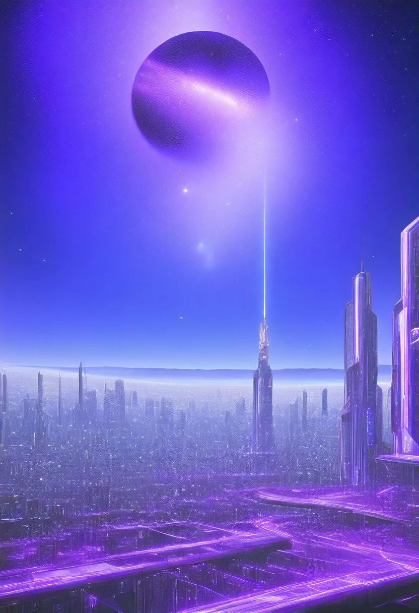 High quiality, high resolution, high definition,
Magical city with skyscrapers, a planet with purple colors and lines that emit white light surrounded by a planet ring, with the view from behind a cat looking towards the city, citybkg, anime style, high ilumination, galaxy sky, calid colours, spacial station