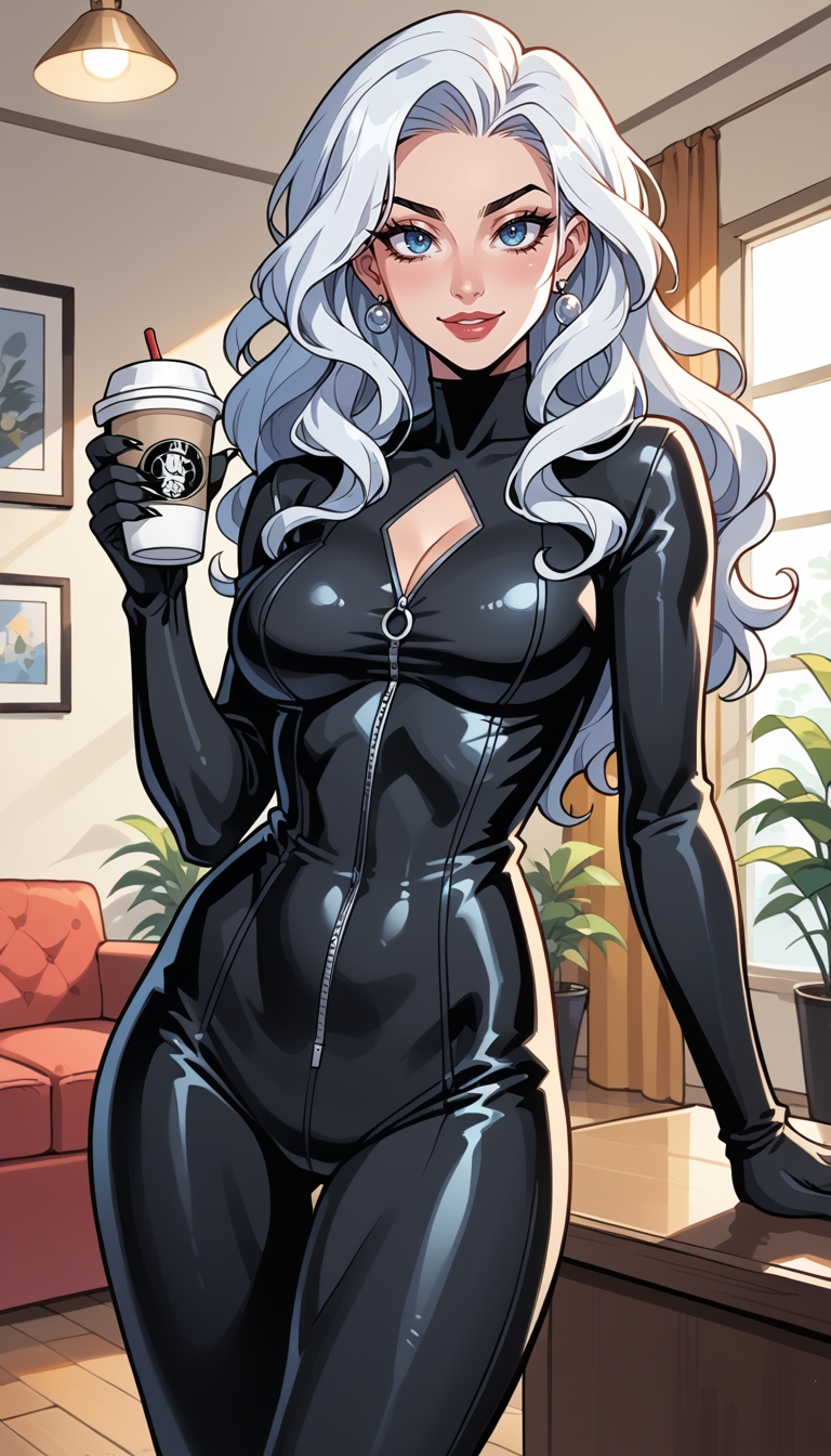 score_9, score_8_up, score_7_up, Western Comics, Cowboy Shot, Felicia Hardy, cute, seductive, innocent, light smile:0.3, plump lips, slender body, long luminous neon white hair, wavy hair, in high detailed Black Cat suit, tight black suit with white accents, gloves of her costume form retractable claws at the fingertips, sipping a cup of coffee, living room of her loft, depth of field, dynamic angle, fashion photography, sharp, hyperdetailed:1.15