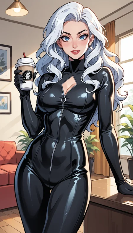 score_9, score_8_up, score_7_up, Western Comics, Cowboy Shot, Felicia Hardy, cute, seductive, innocent, light smile:0.3, plump lips, slender body, long luminous neon white hair, wavy hair, in high detailed Black Cat suit, tight black suit with white accents, gloves of her costume form retractable claws at the fingertips, sipping a cup of coffee, living room of her loft, depth of field, dynamic angle, fashion photography, sharp, hyperdetailed:1.15