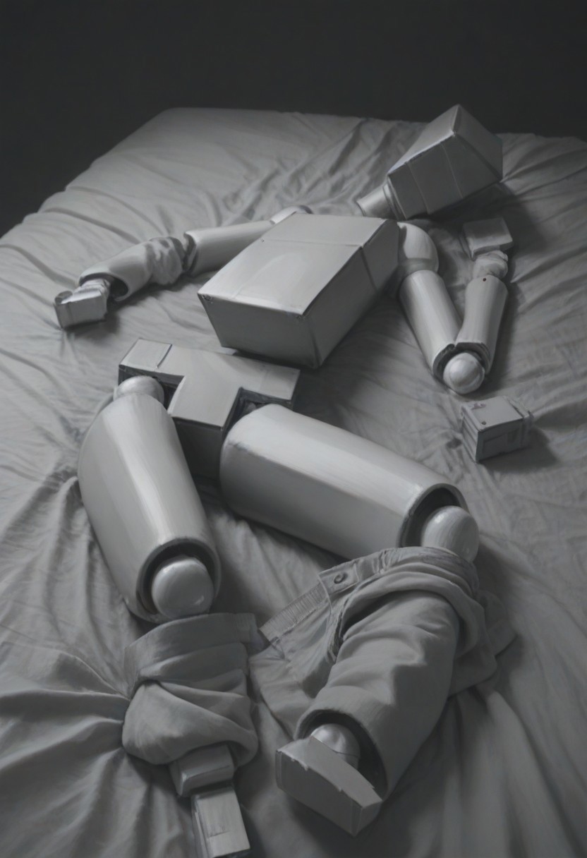 score_9, score_8_up, score_7_up, score_6_up,  highly detailed, realistic, cyberpunk,  BoxPerson, monochrome, greyscale, no humans, robot, mecha, humanoid robot, undressing, clothes lying around