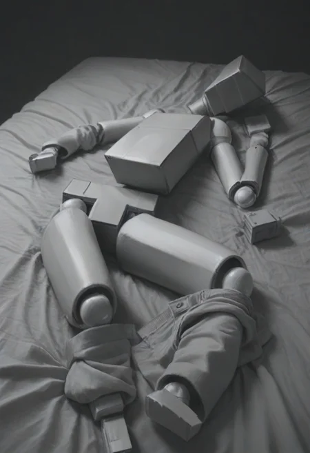 score_9, score_8_up, score_7_up, score_6_up, highly detailed, realistic, cyberpunk, BoxPerson, monochrome, greyscale, no humans, robot, mecha, humanoid robot, undressing, clothes lying around