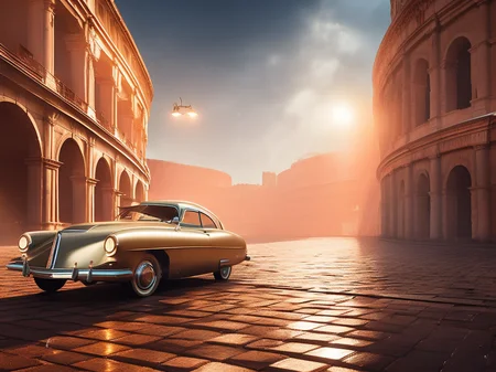 cyber city with wet cobblestones colosseum with (Oldtimer car:1.3), retrofutur5-400, god rays, dust particles, volumetric lighting, 10mm, perfect composition, depth of field, sharp focus, centered