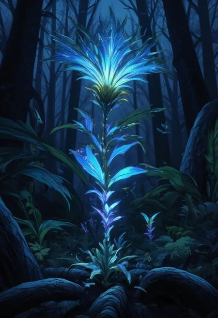bioluminescent sprout in a dark theme forest, detailed, realistic, 8k uhd, high quality, sbfte, Midjourney_Whisper
