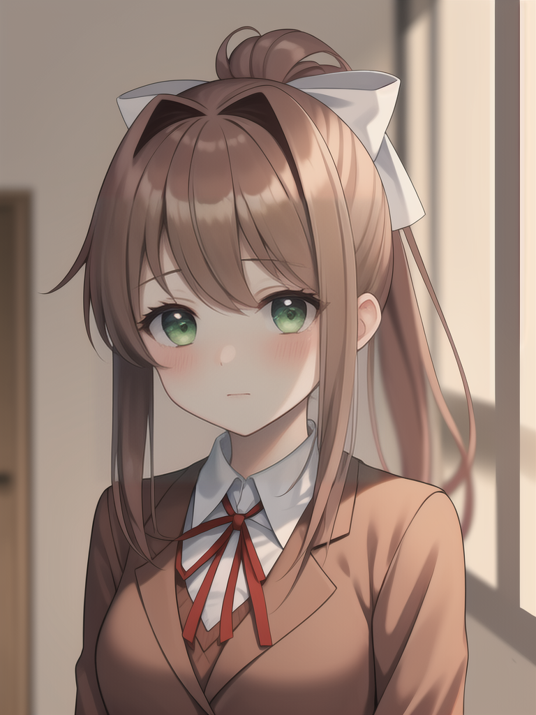 ddlcmonika,<lora:ddlcmonikatest:0.7>,(1girl:1.1),brown hair,ponytail,school uniform,bangs,green eyes,white ribbon,(blush:1.1),<lora:LCM-LoRA_sd15:1>,