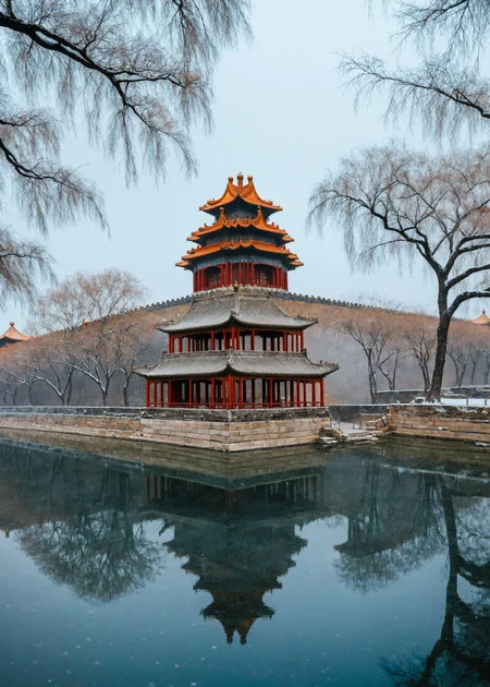 <lora:æ
宫:1>,The Forbidden City,no humans,
The image showcases a serene winter landscape,possibly in China,given the architectural style of the buildings. In the foreground,there's a calm body of water with a small bridge connecting two land masses. A snow-covered tree stands prominently on the left side of the image. In the background,there's a majestic multi-tiered pagoda-style building with intricate designs and a vibrant red roof,surrounded by a stone wall. The sky is overcast with a hint of blue peeking through,suggesting either early morning or late afternoon. The photograph is credited to 'LensCAT' and is dated '02/2017'.,, masterpiece, best quality,