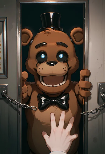 masterpiece, best quality, amazing quality, very aesthetic, absurdres, newest, detailed background,
cartoon, screencap, 
freddyit, 1boy, black mini top hat, black bowtie, bear ears, joints, teeth,  animatronic,
horror, reaching out, black tears, ruined eye make up, white pupils, black sclera, reaching out, grey walls, door chain