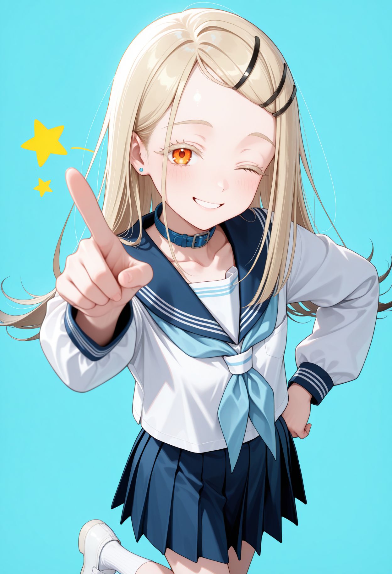 masterpiece,best quality,absurdres,highres,very aesthetic,high quality,detailed,insanely detailed,beautiful,perfect lighting, looking at viewer, looking at viewer, smile,
hand on hips, pointing at viewer,, light blue background, star symbol, one eye closed, very awa
 <lora:Hiro Shinosawa illu:1> shinodef, 1girl, long hair, hairclip, hair ornament, blonde hair, orange eyes, , school uniform, collarbone, serafuku, blue collar, long sleeves, blue neckerchief, blue pleated skirt, white socks, white footwear
