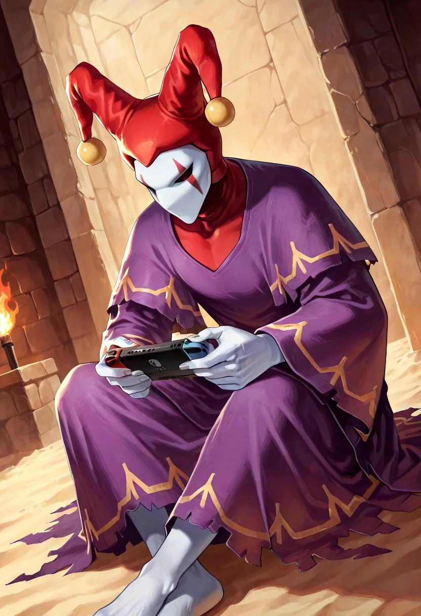 score_9,score_8,score_7,source_furry, (masterpiece, best quality, high quality:1.2), detailed hands,character focus, detailed skins, body blush, cinematic shadow, character focus, ultra detailed background,
dutch angle,
<solo:1.5>, <1boy:1.5>, (anime:3.5), (official:3.5), sitting, playing switch,
chariotsaga, 1boy, solo, male focus,
jester, red headwear, looking at viewer, white skin, jester cap, pom pom (clothes), (faceless mask:1.2), facepaint, hat, robe, purple robe, torn robes, long sleeves, wide sleeves, barefoot, light gray color nails,
ancient ruin background, indoor, dark orange stone wide rooms, torch wall, darkness, sand, desert,