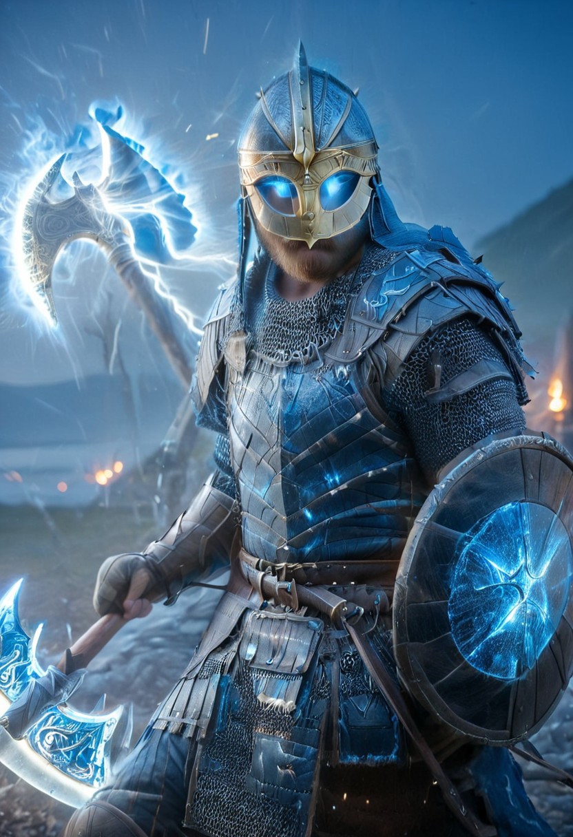 1man, armored Viking warrior in lamellar armor, wearing Viking helmet and lamellar armor, broken glass, reflection, glowing blue lightning, axe and shield, Viking sword, blue flames, shatter, holding sword, glowing sword, motion blur, emphasis line, outdoor in the darkness, looking at viewer,