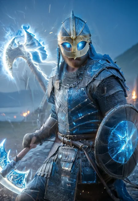 1man, armored Viking warrior in lamellar armor, wearing Viking helmet and lamellar armor, broken glass, reflection, glowing blue lightning, axe and shield, Viking sword, blue flames, shatter, holding sword, glowing sword, motion blur, emphasis line, outdoor in the darkness, looking at viewer,