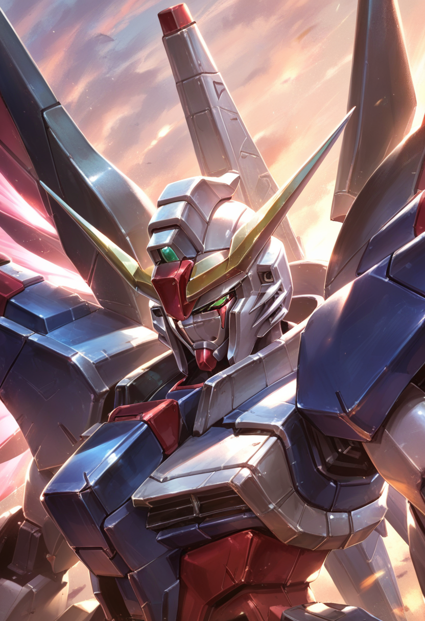 (score_9:0.9),score_8_up,score_7_up,rating_safe,anime_style,(zPDXL),<lora:Destiny Gundam ponyXL v1:0.72>, destiny gundam, green eyes, solo, upper body, science fiction, looking down, mechanical wings, glowing, energy wings
