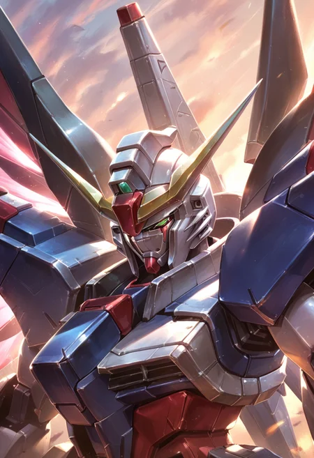 (score_9:0.9),score_8_up,score_7_up,rating_safe,anime_style,(zPDXL),<lora:Destiny Gundam ponyXL v1:0.72>, destiny gundam, green eyes, solo, upper body, science fiction, looking down, mechanical wings, glowing, energy wings