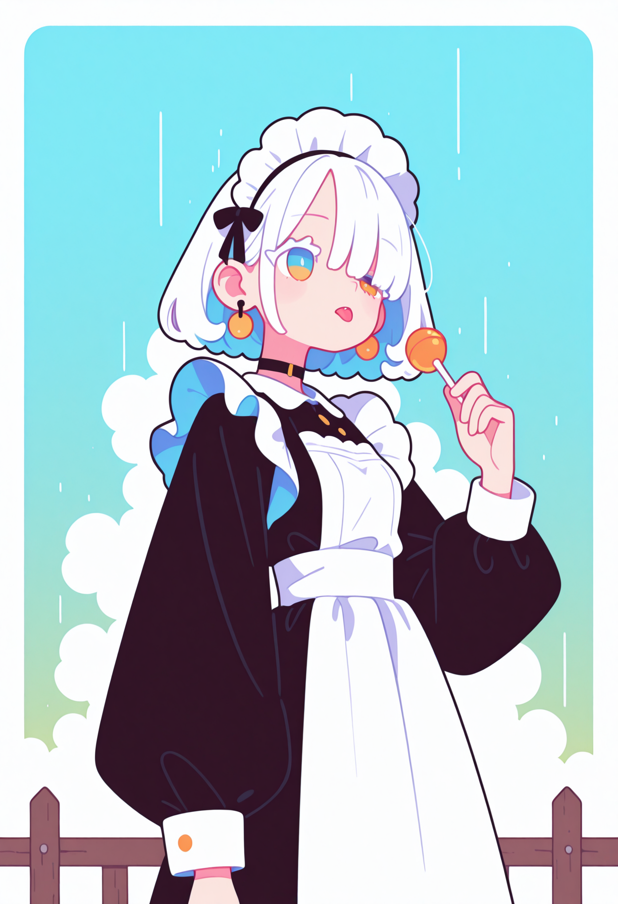 masterpiece, best quality, good quality, very aesthetic, absurdres, newest, 8K, from side  BREAK 
side portrait of stunning girl standing, bangs, white hair, multicolored hair, bobcut hair, 
pastel cyan eyes, choker, hair over one eye, 
small breasts, earrings, ear pierces, 
ultra detailed decorative victorian gossamer clothes, very short tight black maid dress, maid apron,  
simple pastel gradient blue background with extremely thick white border,
BREAK 
half closed eyes, unfocused eyes, 
subtle fangs peeking out from slightly parted lips, tongue loosely hanging out,
distant gaze, emotionless look, looking away, uneven eyes,  white thick eyelashes, white long eyelashes,
(holding a lollipop with right hand, licking a lollipop),
(storming), strong wind, cloudy, 
ultra-realistic, Flatline, Flat vector illustration, haiz_ai, no lineart, no outline,  rain,
heavy-rain, modern fence in background, clouds, very smoky,
<lora:Rain (Illustrious) v1:0.5> <lora:ponyv6_noobE11_2_adamW:0.25> <lora:haiz_ai_illu:0.8> <lora:flatline:1.65>