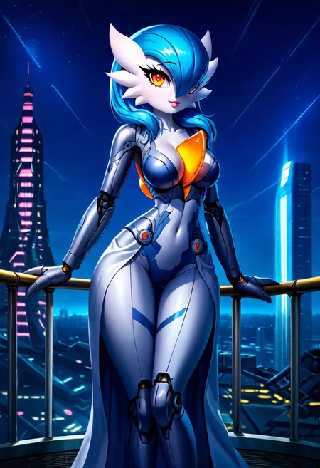 (((gardevoir))), female, anthro, porcelain white skin,cyborg girl, (metallic armor:1), sci-fi helmet, sapphire eyes, best quality ,masterpiece, illustration, an extremely delicate and beautiful, extremely detailed ,CG ,unity ,8k wallpaper, Amazing, finely detail, masterpiece,best quality,official art,extremely detailed CG unity 8k wallpaper,absurdres, incredibly absurdres, ultra-detailed, highres, extremely detailed,beautiful detailed girl, extremely detailed eyes and face, beautiful detailed eyes,light on face, 1girl, gardevoir, mech, breast, mechanical_body, spaceship, depth_of_field, cyberpunk, city, skyscraper, skyline, night sky, neon lights, no humans, background, star gate, lab,(outer space), star_sky, dusk, explore, <lora:Mecha:0.8>