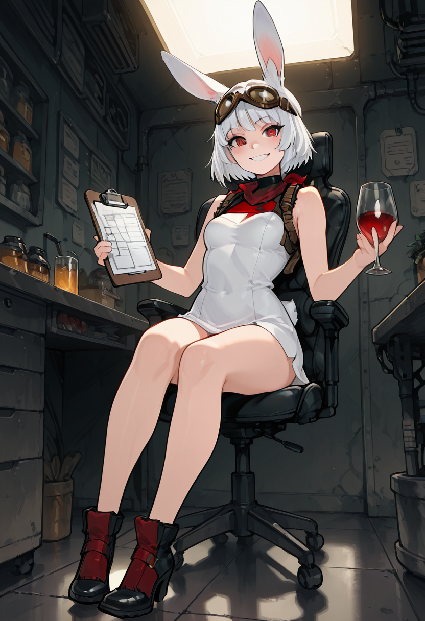 masterpiece, best quality, 1girl, solo, eyelashes, (beautiful eyes), sitting, smile,    [Minimalist Glass Office] SilvaCitronOC, red eyes, white hair, short hair, rabbit ears, rabbit girl, animal nose, goggles on head, 1girl, solo, sleeveless turtleneck dress, black heels, clipboard, ergonomic chair, glass table, skyscraper view, sharp lighting, modern business aesthetic, sitting pose â Seated with back straight and hands folded neatly, SilvaCitronOC gazes out at the city skyline. Her goggles sit just above her sharp red eyes, scanning data on a translucent clipboard. The minimal interior reflects her sleek style â efficiency, elegance, and ears that twitch with every boardroom whisper.  <lora:SilvaCitronOC_IXL:0.7>,   <lora:CoutureCraze_IXL:0.6>,