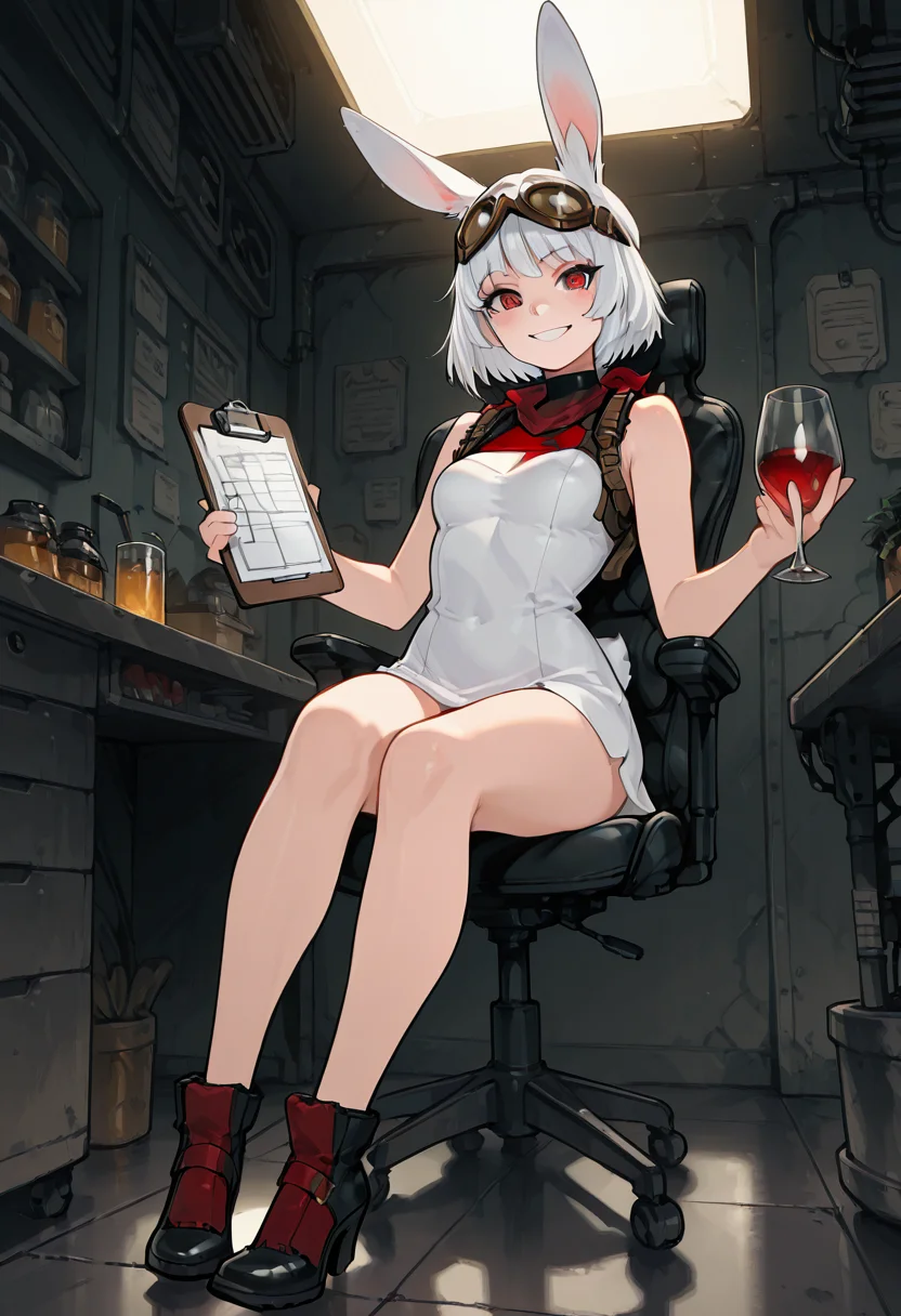 masterpiece, best quality, 1girl, solo, eyelashes, (beautiful eyes), sitting, smile,    [Minimalist Glass Office] SilvaCitronOC, red eyes, white hair, short hair, rabbit ears, rabbit girl, animal nose, goggles on head, 1girl, solo, sleeveless turtleneck dress, black heels, clipboard, ergonomic chair, glass table, skyscraper view, sharp lighting, modern business aesthetic, sitting pose â Seated with back straight and hands folded neatly, SilvaCitronOC gazes out at the city skyline. Her goggles sit just above her sharp red eyes, scanning data on a translucent clipboard. The minimal interior reflects her sleek style â efficiency, elegance, and ears that twitch with every boardroom whisper.  <lora:SilvaCitronOC_IXL:0.7>,   <lora:CoutureCraze_IXL:0.6>,