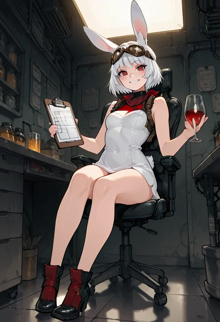 masterpiece, best quality, 1girl, solo, eyelashes, (beautiful eyes), sitting, smile,    [Minimalist Glass Office] SilvaCitronOC, red eyes, white hair, short hair, rabbit ears, rabbit girl, animal nose, goggles on head, 1girl, solo, sleeveless turtleneck dress, black heels, clipboard, ergonomic chair, glass table, skyscraper view, sharp lighting, modern business aesthetic, sitting pose â Seated with back straight and hands folded neatly, SilvaCitronOC gazes out at the city skyline. Her goggles sit just above her sharp red eyes, scanning data on a translucent clipboard. The minimal interior reflects her sleek style â efficiency, elegance, and ears that twitch with every boardroom whisper.  <lora:SilvaCitronOC_IXL:0.7>,   <lora:CoutureCraze_IXL:0.6>,