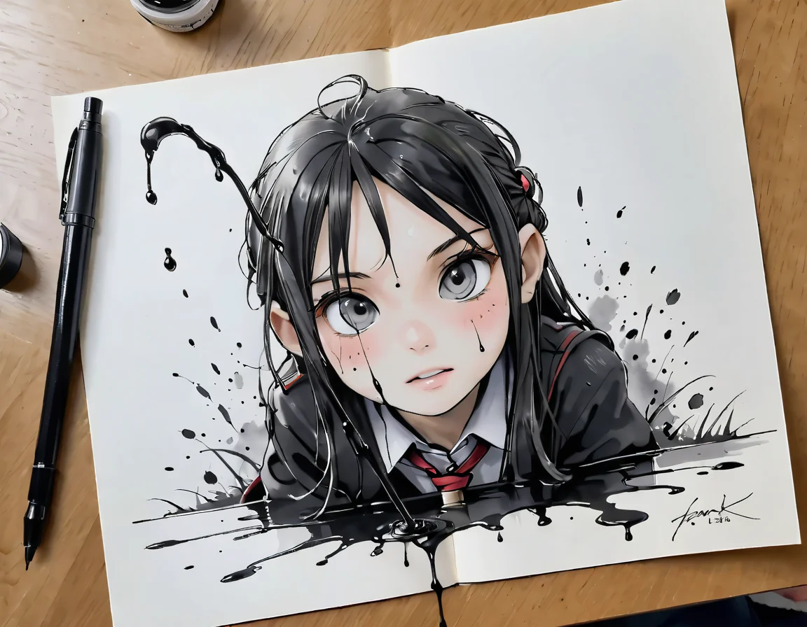 Ink Dripping Drawing of <lora:xlcarolism:1> , <lora:fhanddetailxl:1> , <lora:hand 5.5:1.5> , <lora:add-detail-xl:1.5>, , ink drawing, ink splash, ink wash, dripping ink